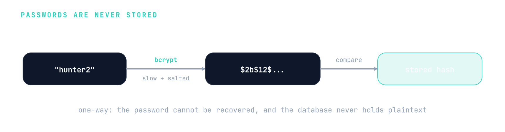 A typed password is run through bcrypt (slow and salted) into a hash, which is compared against the stored hash; the password itself is never stored and cannot be recovered