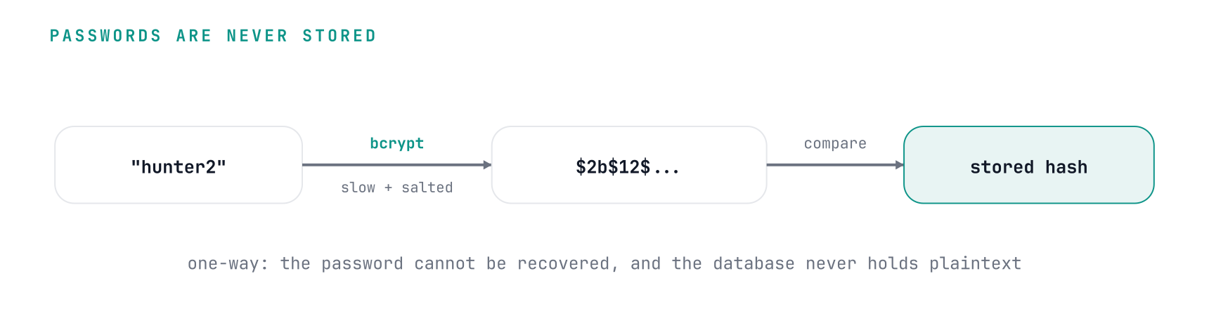 A typed password is run through bcrypt (slow and salted) into a hash, which is compared against the stored hash; the password itself is never stored and cannot be recovered
